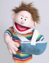 A puppet with an arm in a sling