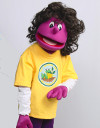 A puppet in a worm-themed yellow shirt