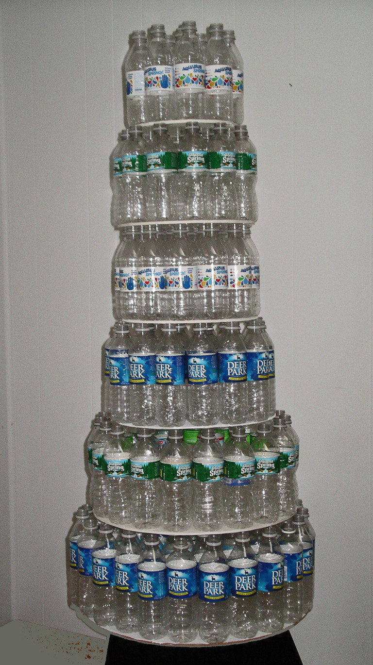 A pyramid made of 167 plastic water bottles