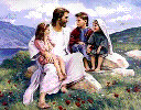 Jesus teaches children on a hill